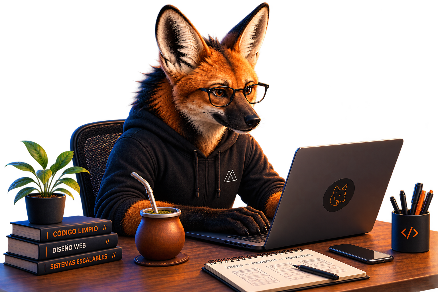 Aguará guazú programando en su escritorio