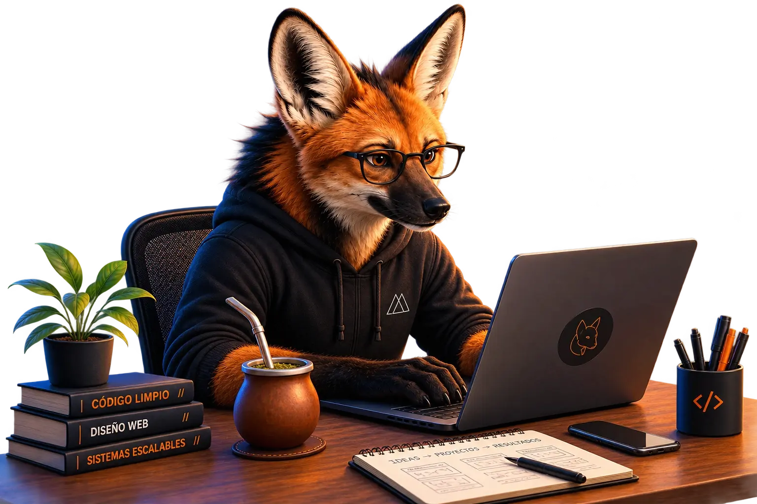 Aguará guazú programando en su escritorio